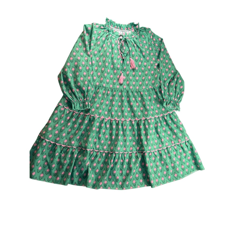 Wenrine Green Pink Floral Tiered Mini Dress Tassel Tie Neck Ric Rac Trim Medium